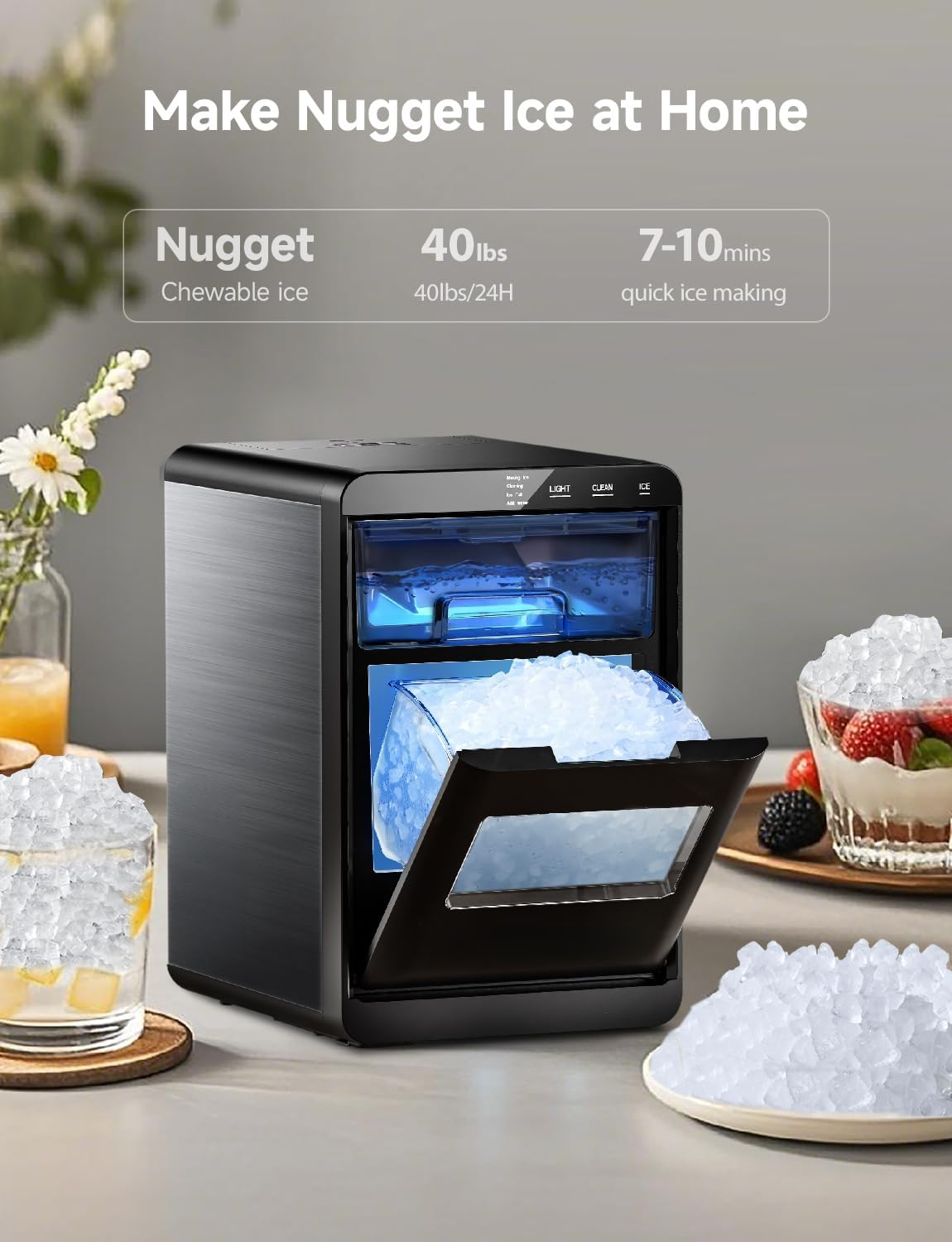 40Lbs/24H Self‑Cleaning Countertop Nugget Pebble Ice Maker with Scoop & Basket