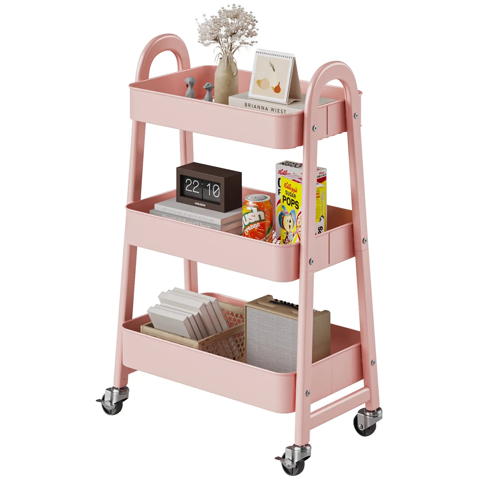 3-Tier Wheeled Metal Rolling Utility Cart, Multi-Layer Storage Trolley for Narrow Kitchen & Bedside Spaces
