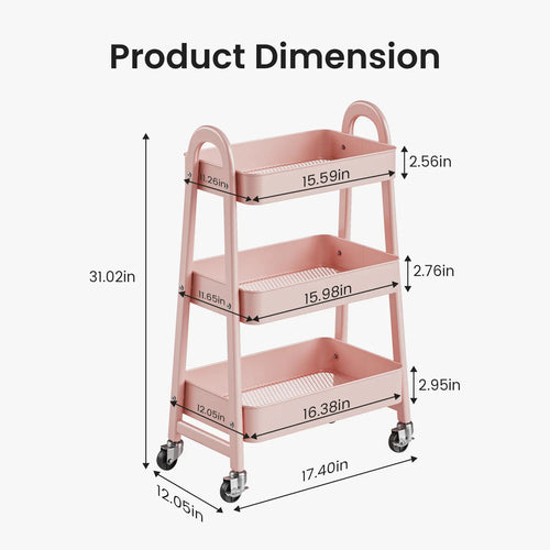 3-Tier Wheeled Metal Rolling Utility Cart, Multi-Layer Storage Trolley for Narrow Kitchen
