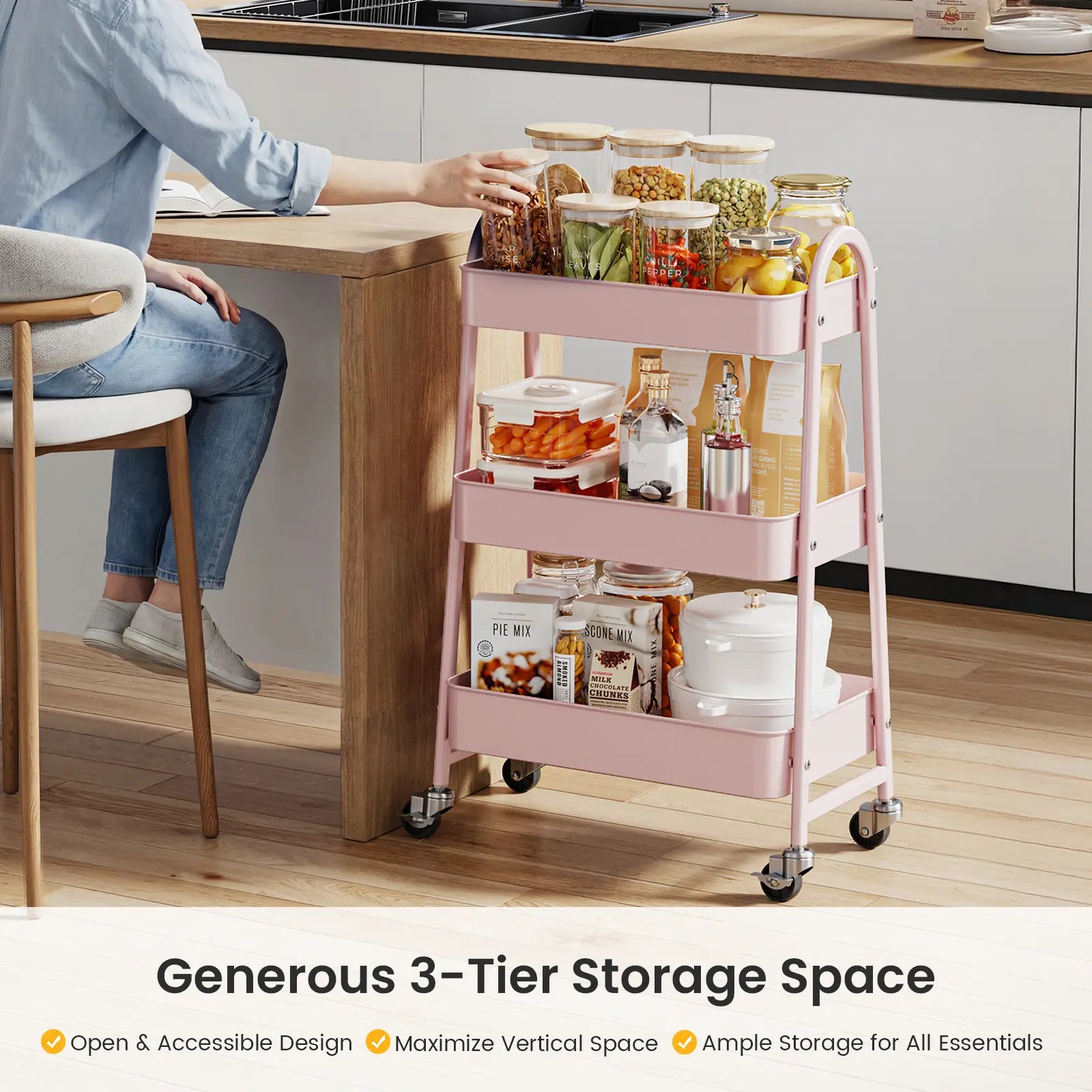 3-Tier Wheeled Metal Rolling Utility Cart, Multi-Layer Storage Trolley for Narrow Kitchen