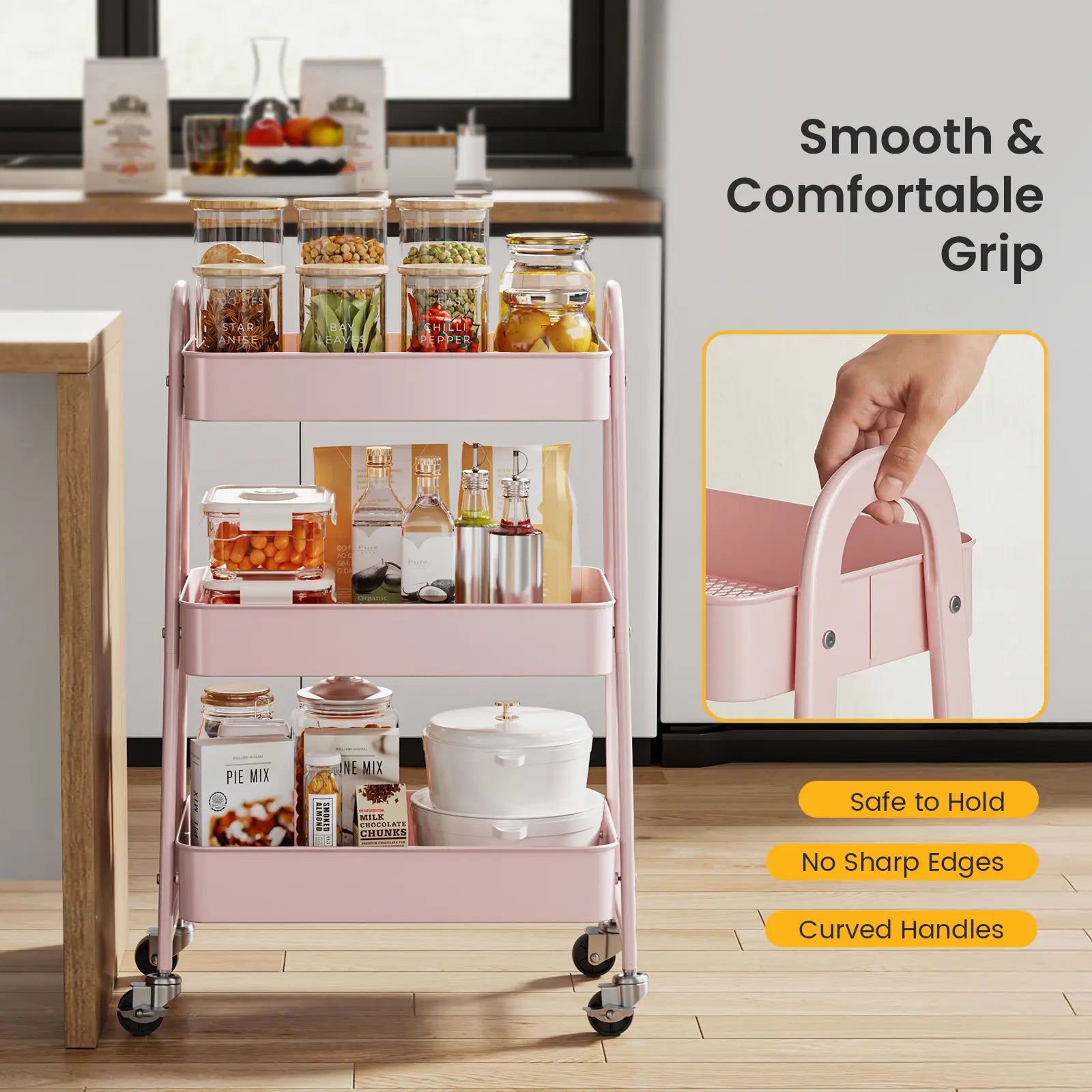 3-Tier Wheeled Metal Rolling Utility Cart, Multi-Layer Storage Trolley for Narrow Kitchen