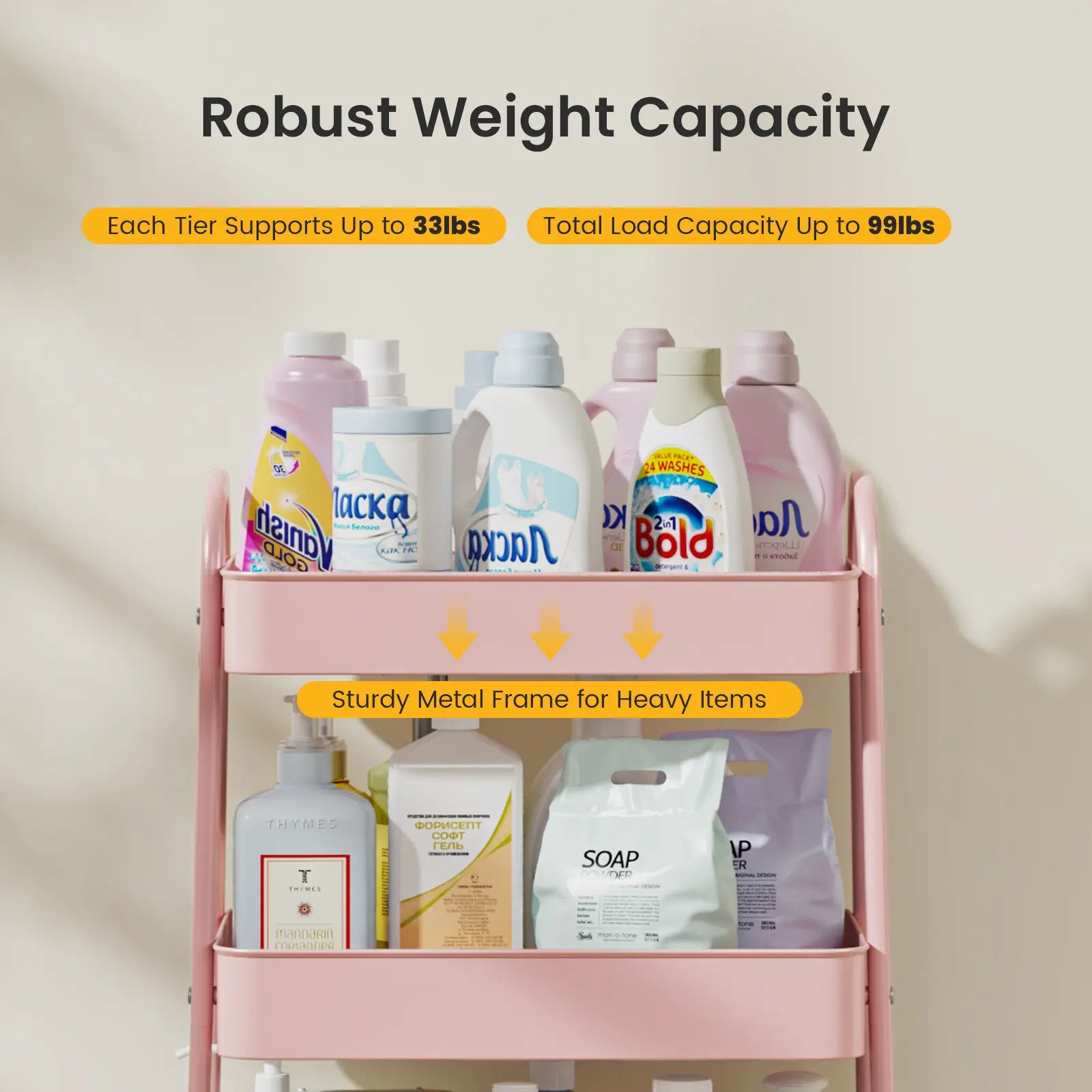 3-Tier Wheeled Metal Rolling Utility Cart, Multi-Layer Storage Trolley for Narrow Kitchen