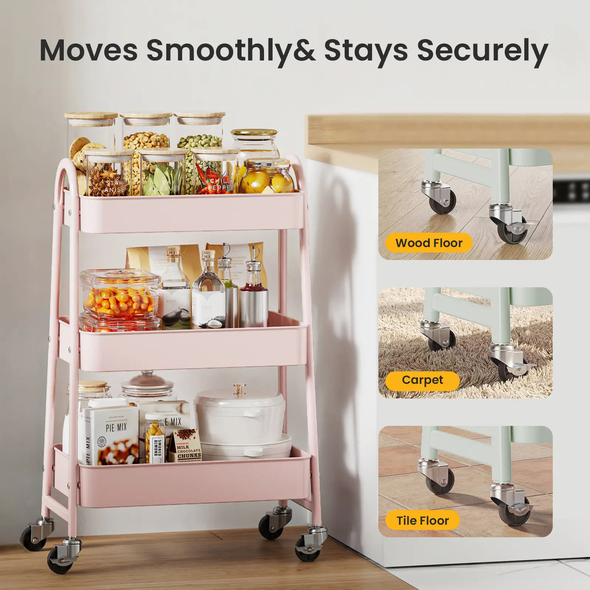 3-Tier Wheeled Metal Rolling Utility Cart, Multi-Layer Storage Trolley for Narrow Kitchen & Bedside Spaces