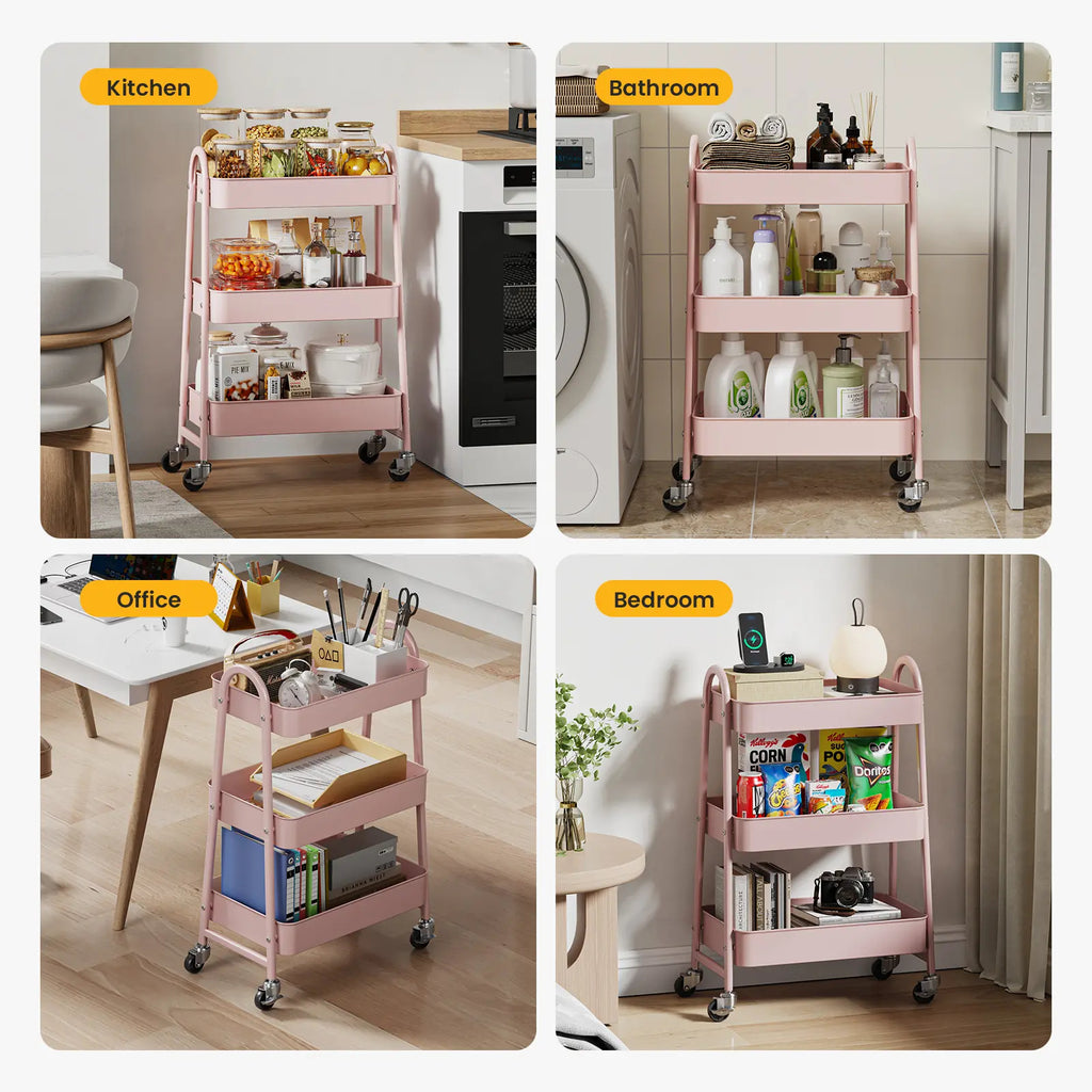 3-Tier Wheeled Metal Rolling Utility Cart, Multi-Layer Storage Trolley for Narrow Kitchen & Bedside Spaces