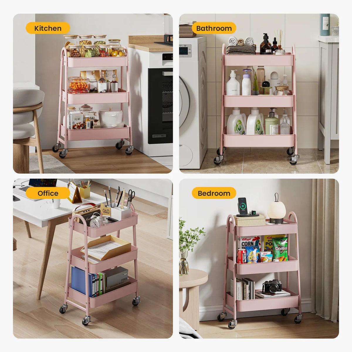 3-Tier Wheeled Metal Rolling Utility Cart, Multi-Layer Storage Trolley for Narrow Kitchen & Bedside Spaces