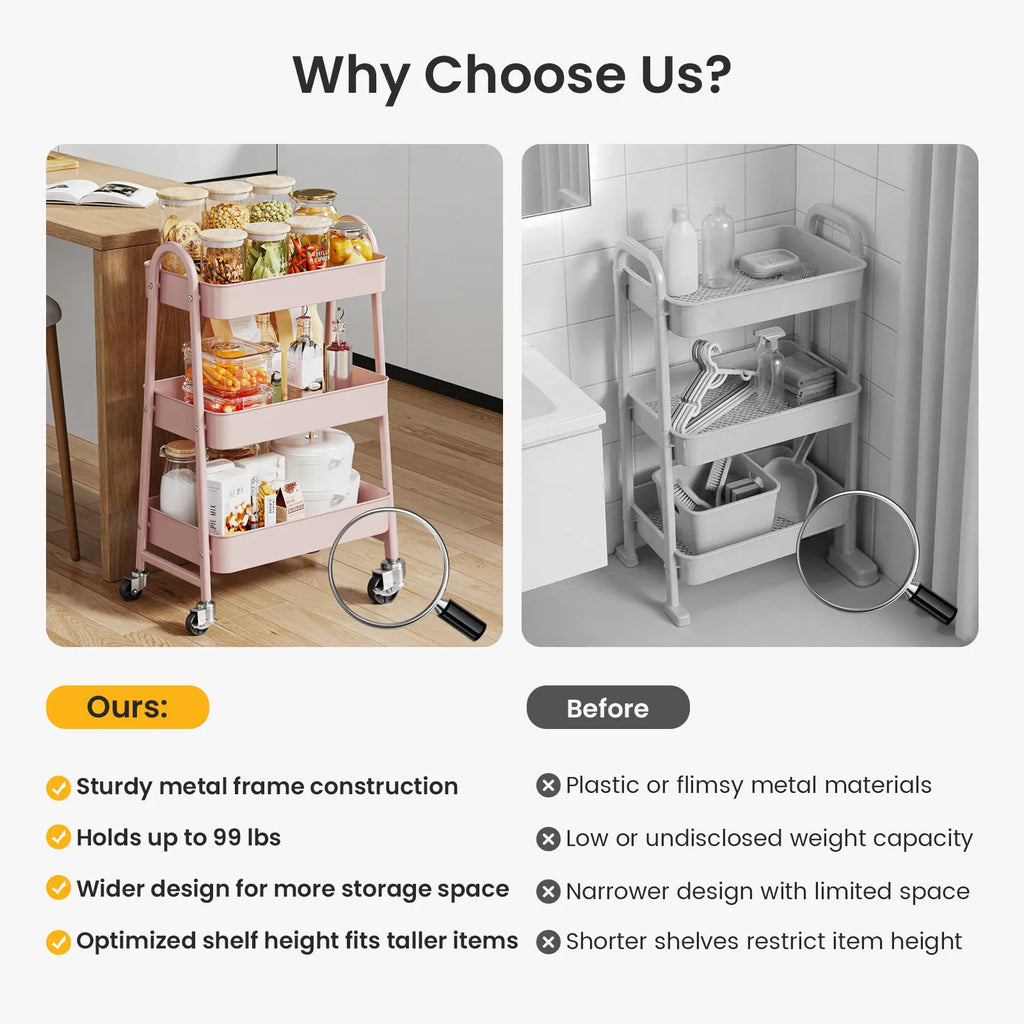 3-Tier Wheeled Metal Rolling Utility Cart, Multi-Layer Storage Trolley for Narrow Kitchen & Bedside Spaces