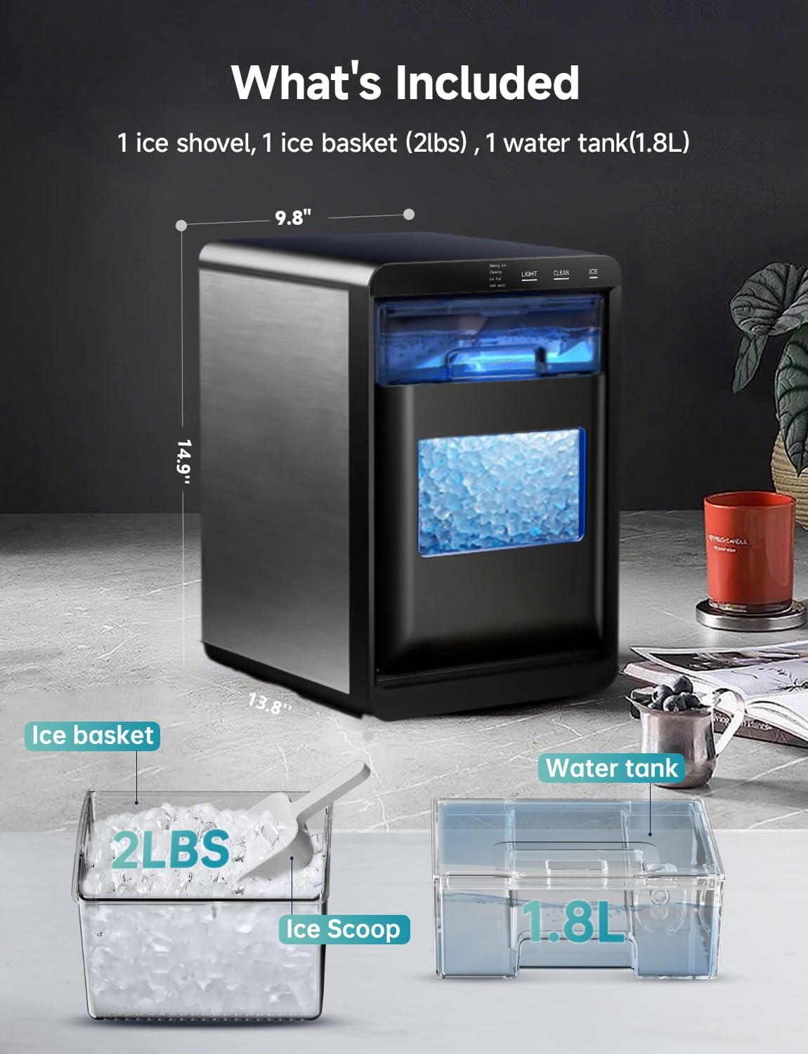 40Lbs/24H Self‑Cleaning Countertop Nugget Pebble Ice Maker with Scoop & Basket