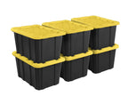 6 Pack 27 Gallon Plastic Storage Totes with Snap Lids, Heavy Duty Black Yellow Large Stackable Storage Bins