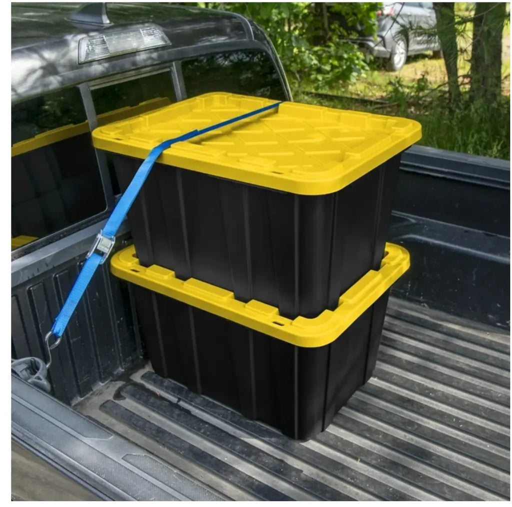 6 Pack 27 Gallon Plastic Storage Totes with Snap Lids, Heavy Duty Black Yellow Large Stackable Storage Bins