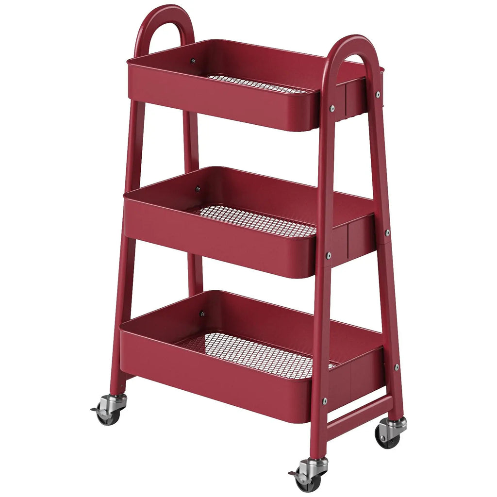 3-Tier Wheeled Metal Rolling Utility Cart, Multi-Layer Storage Trolley for Narrow Kitchen & Bedside Spaces